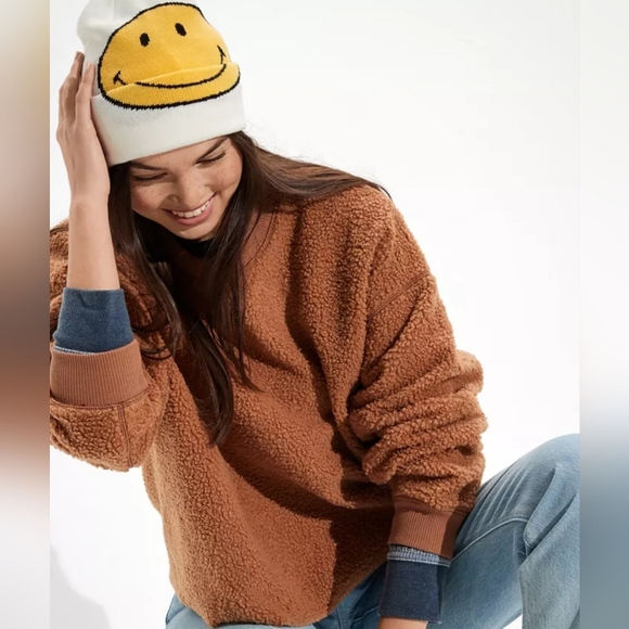 AE American Eagle Outfitters Sherpa Crewneck Sweatshirt Caramel Brown L - Picture 1 of 6